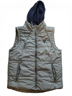 Guess Men’s Light Gray Quilted Vest with Navy Hood